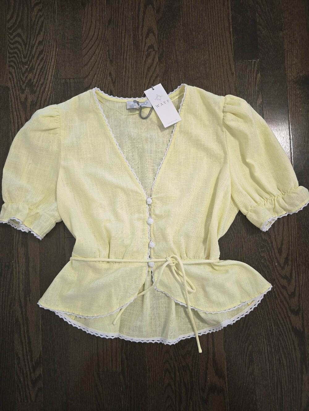 Wayf Pale Yellow Puff Sleeve Peplum Tie-Waist Blouse Trim Cotton Linen Blend M